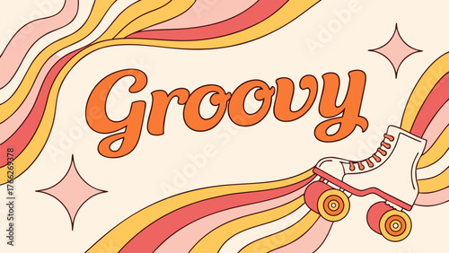 Groovy Retro Illustration: A stylish retro illustration captures the vibrant spirit of the past, featuring the word Groovy in a cheerful font, accompanied by a roller skate and flowing lines.