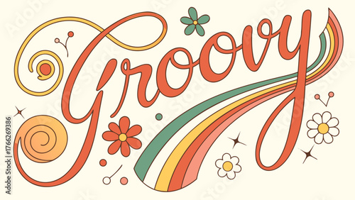 Groovy Typography: A whimsical typography of Groovy that evokes a sense of nostalgia, showcasing retro design elements, including a vibrant rainbow arc, stars, and floral accents.