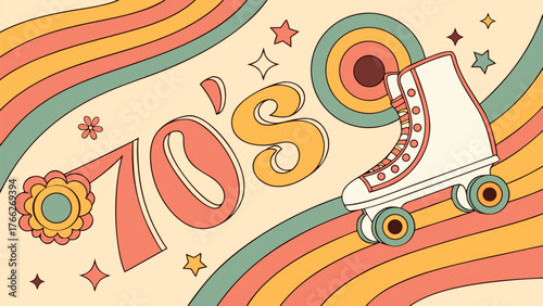 Seventies Roller Skate Design: a captivating illustration of the groovy seventies, featuring a roller skate, alongside with retro style fonts and design, stars and floral touches.