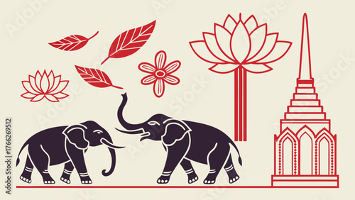 Thai Cultural Emblems: A visual narrative unfolds, showcasing traditional symbols including elegant elephants, delicate lotus flowers, and iconic temple architecture.