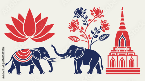 Asian culture, Symbols and elements illustration: A vibrant illustration showcasing the richness of a diverse cultural landscape. It features iconic symbols with bright hues.