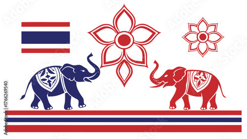 Thai Culture and Heritage: A captivating representation of Thai culture with the national flag, decorative flowers, and majestic elephants. Illustrating the elegance and tradition.