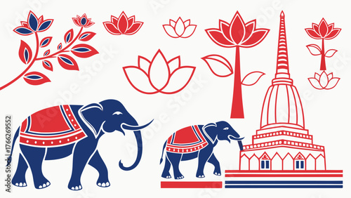 Traditional Thai Art: Exquisite vector illustrations capture the elegance of Thai culture with the symbolic depictions of elephants and lotus flowers, adding an iconic ancient stupa.
