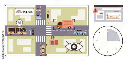 Vehicles navigating AI-controlled intersections, data charts, and timing tools. Ideal for smart cities, technology, AI systems, urban development, transportation safety efficiency. Flat design