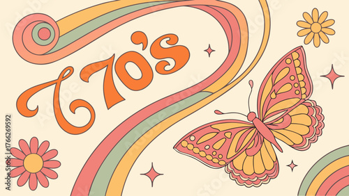 Retro Reverie: A colorful journey back to the groovy era, featuring a butterfly and flower set against a swirling rainbow of vintage vibes.