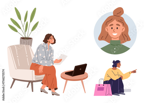 Woman reading document near laptop in cozy setting, second figure with shopping bags pointing, and a profile portrait. Ideal for lifestyle, work, shopping, connection, leisure, interaction