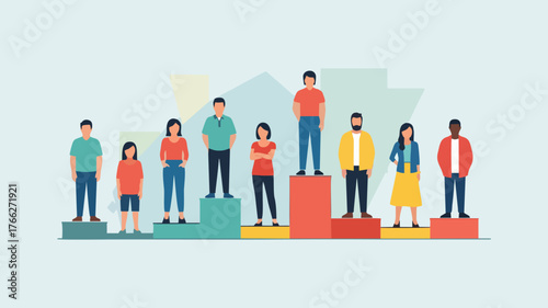Diverse group of people standing on a podium chart representing business ranking, social hierarchy, and career achievement
