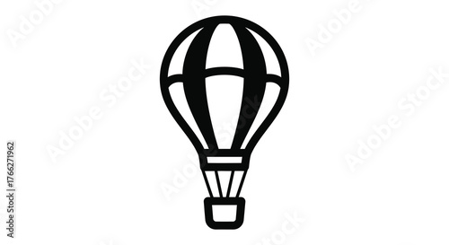 Classic hot air balloon with basket depicted in a bold graphic black and white silhouette style