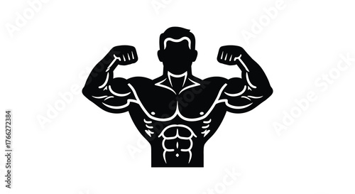 Muscular bodybuilder flexing biceps and showing abdominal muscles in a powerful silhouette pose silhouette