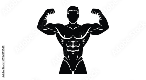 Powerful muscular man flexing biceps and abs in a stark black silhouette style