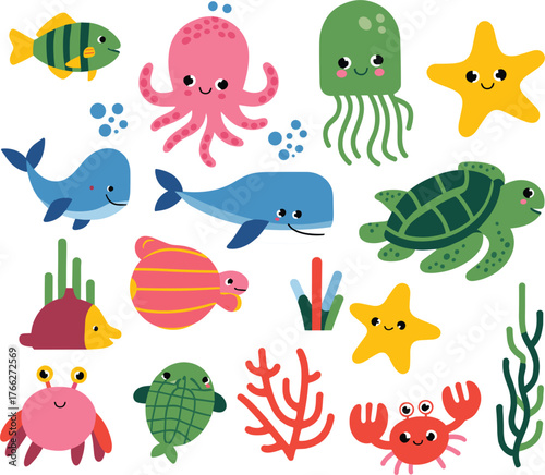 Cute Cartoon Sea Animals and Corals