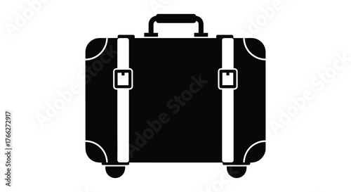 A classic black suitcase with straps and wheels depicted in a bold graphic silhouette style for travel and adventure concepts