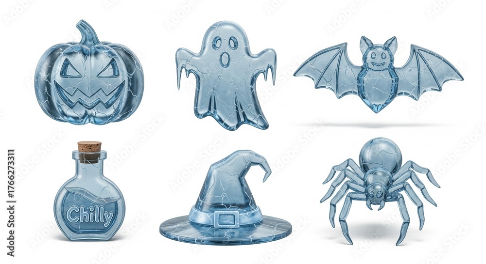 Fototapeta premium Halloween Icons Set Blue Transparent Objects.
