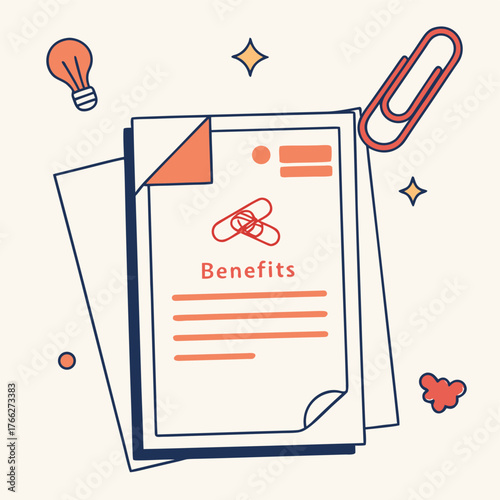 Benefits Document Illustration: An engaging illustration showcases a document titled Benefits, accompanied by a paperclip and an idea symbol, suggesting the value and ideas within.