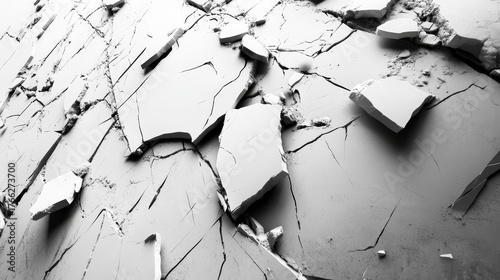 Shattered silicate wall breaking into hundreds of pieces, cracks and edges rendered with photorealistic lighting