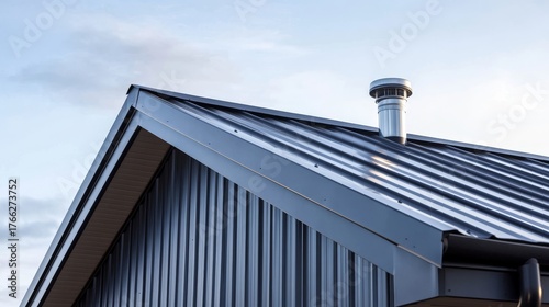 Wallpaper Mural Side view of a modern metal roof with glossy coated panels, silver rain gutter running along edge, vertical water pipe catching sunlight Torontodigital.ca