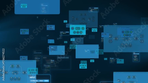 Futuristic AI automation workflow on floating digital screens in virtual space with data visualization, looped animation