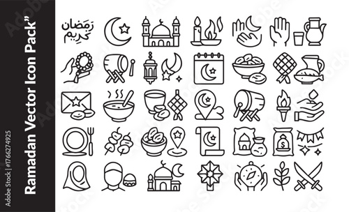 Ramadan and Islamic Thin Line Icons Set. Corporate, Minimalist Vector Outline Symbols for Business and Web.