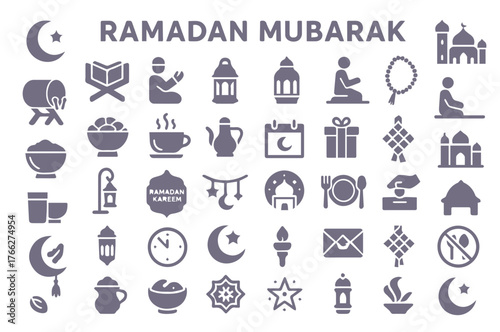 Set of Ramadan and Eid Al-Fitr Flat Icons. Modern Vector Symbols for Muslim Holidays and Islamic Tradition.