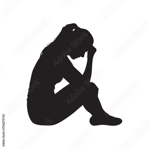 Sad Woman Silhouette Sitting, Head in Hands