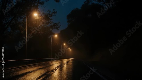 A dark road at night with lit street lamps, reflecting on the wet asphalt
