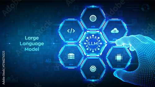 LLM Large Language Model technology concept. AI. Artificial Intelligence. Machine Learning. Big data analysis. Wireframe hand places an element into a composition. Vector illustration.