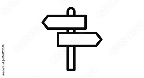Simple black and white outline of a directional signpost with two blank arrow signs pointing in opposite directions silhouette