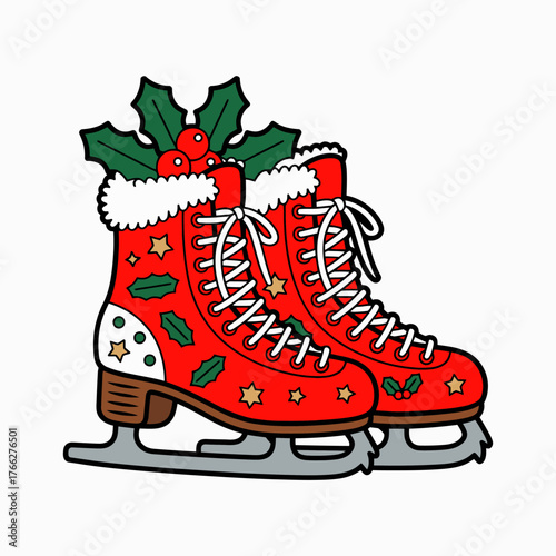 Christmas Ice Skates with Holly Decoration Illustration