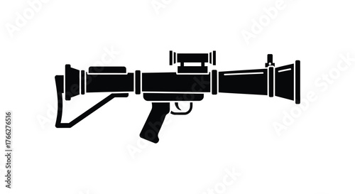 Black silhouette of a military rocket launcher weapon with a shoulder stock and scope on a white background silhouette