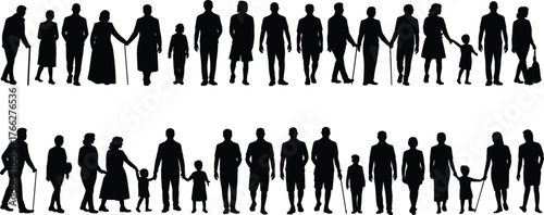 Family and community silhouettes — vector illustration of people of all ages including children, adults, and elderly generations