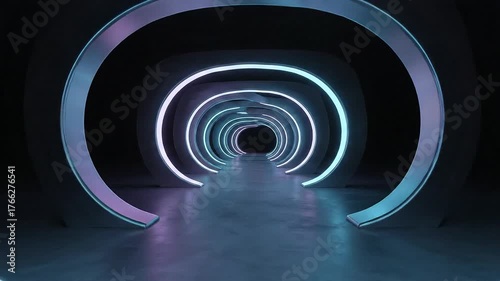 Futuristic neon tunnel with circular lights, leading into darkness, digital art