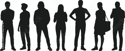 People silhouettes — standing men and women in casual poses, vector illustration for design, business, teamwork, and presentation projects