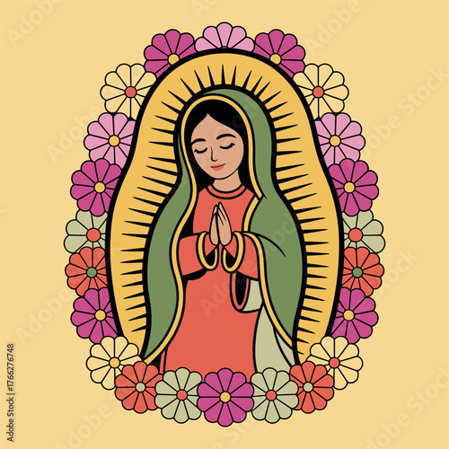 Our Lady of Guadalupe Surrounded by Colorful Flowers Illustration