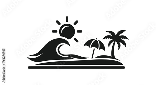 Stylized black silhouette of a tropical beach scene with a wave palm tree and sun