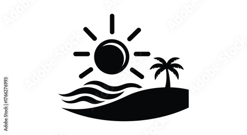 Tropical island beach scene with a setting sun over wavy ocean water and a palm tree silhouette