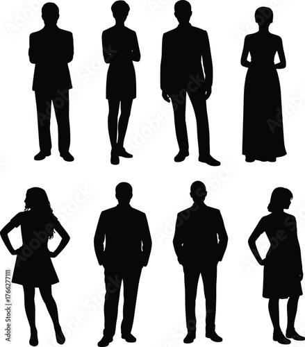 Silhouette business people standing, teamwork and leadership concept, diverse professionals group, confident office team, corporate collaboration, equality, communication, success, modern unity
