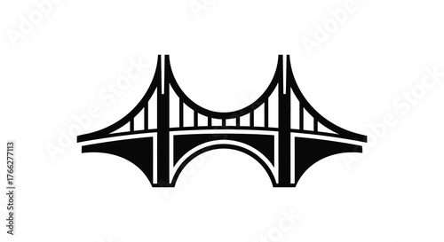 Iconic suspension bridge structure with graceful curves and strong vertical lines in a bold black silhouette
