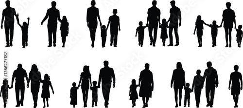 Silhouette of diverse family groups walking together, parents and children holding hands, unity, love, and togetherness concept illustration background design