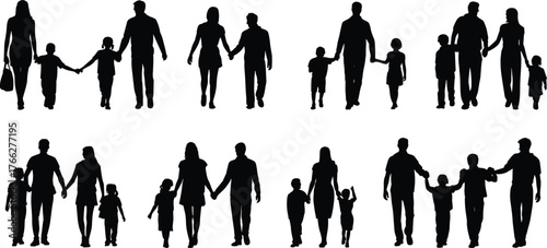 Silhouette illustration of happy families walking together, parents holding children’s hands, family unity concept, love, bonding, caring, togetherness, parenting, happiness