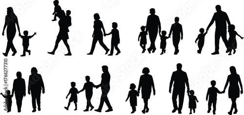 Silhouette of parents walking with children, happy family together, black vector illustration showing love, care, unity, and parenting relationship