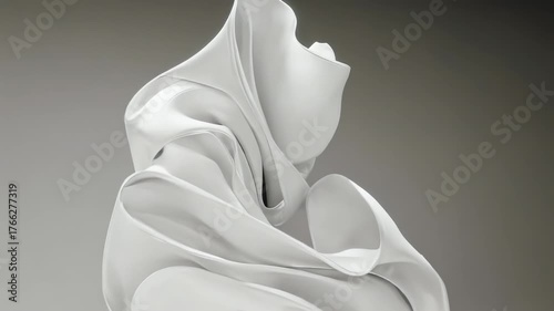 Abstract white fabric sculpture with fluid forms and shadows, set against a grey background