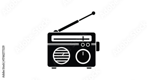 Vintage portable radio with antenna and dial controls depicted in a bold black silhouette on a white background