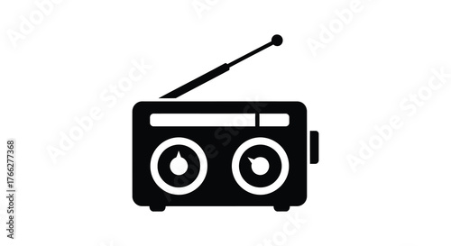 Classic portable radio with antenna and dials depicted in a bold black silhouette style