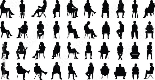 Silhouette people sitting on chairs, different poses collection, business meeting concept, relaxed posture, discussion, teamwork, communication, waiting, office lifestyle illustration