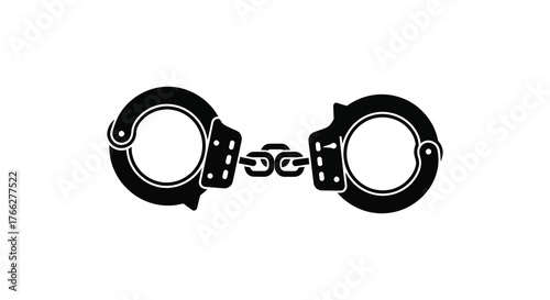 A stark black silhouette of metal handcuffs against a white background symbolizing arrest and justice silhouette