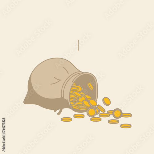 A simple illustration depicting a tipped-over money bag with golden coins spilling out onto a light background.