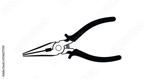 A black and white silhouette of long nose pliers with black handles on a plain white background