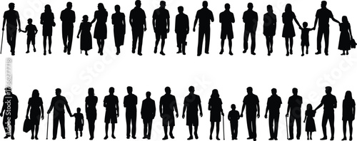 Silhouettes of families and people of all ages — vector crowd of men, women, children, and elderly figures