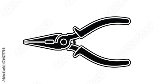 A simple black and white silhouette of long nose pliers on a white background representing a tool silhouette