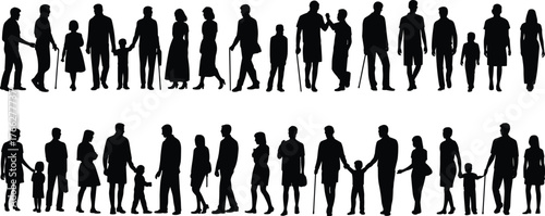 Silhouettes of families and generations — vector illustration showing children, adults, and elderly people walking together in community scenes